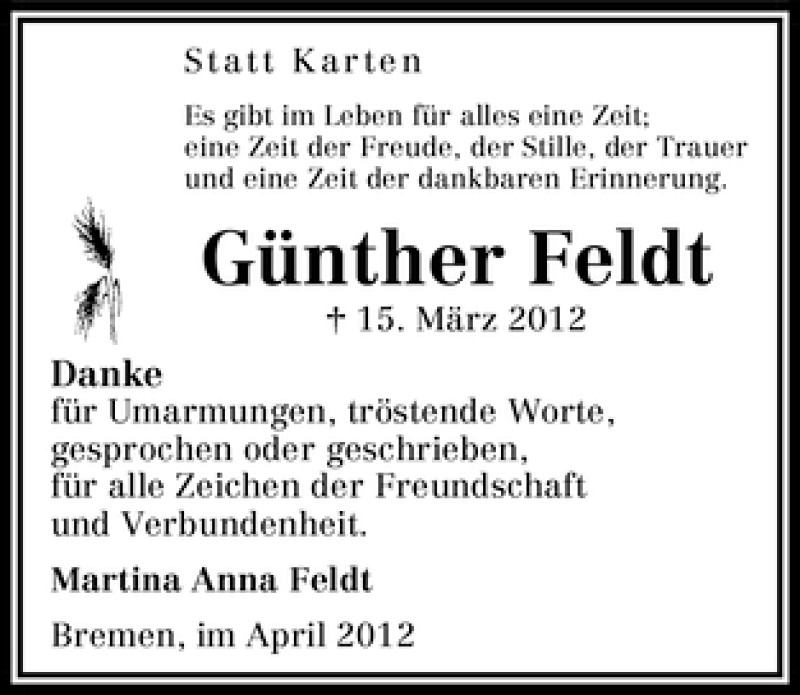 Traueranzeige von Günther Feldt von WESER-KURIER
