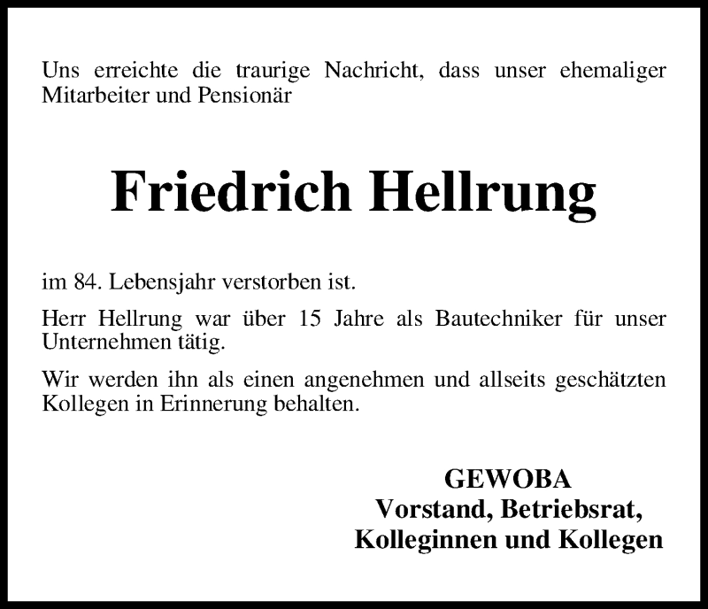 Traueranzeige von Friedrich Hellrung von WESER-KURIER
