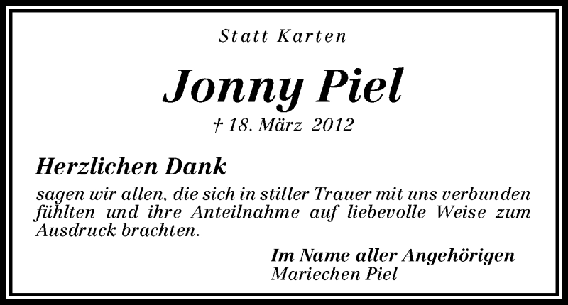 Traueranzeige von Jonny Piel von WESER-KURIER