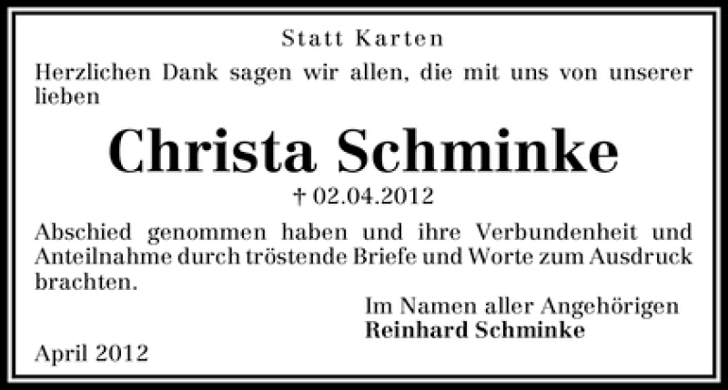 Traueranzeige von Christa Schminke von WESER-KURIER