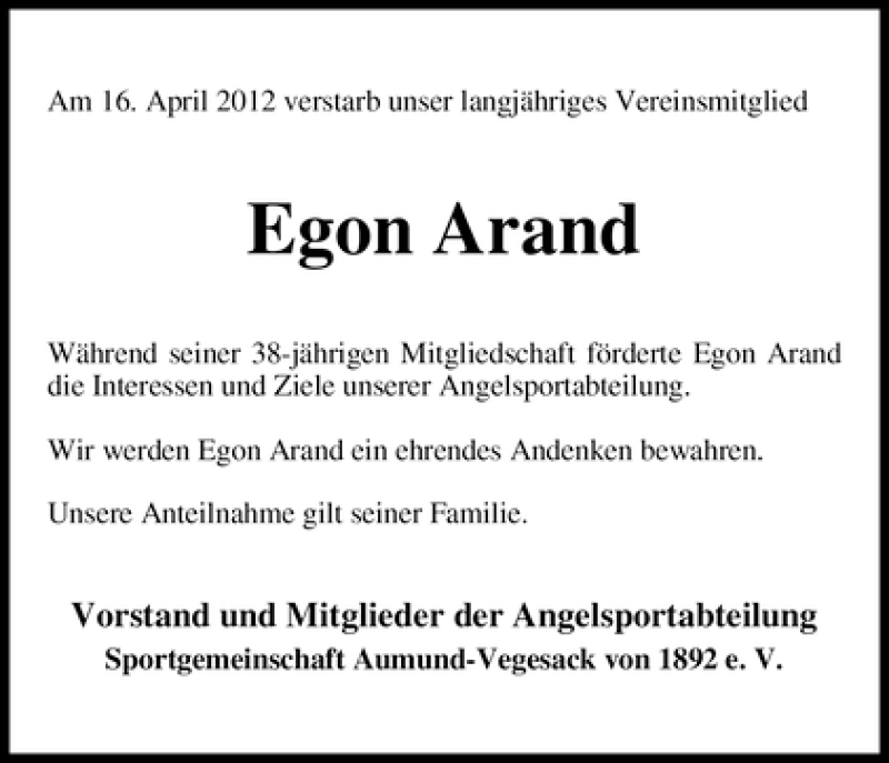 Traueranzeige von Egon Arand von WESER-KURIER