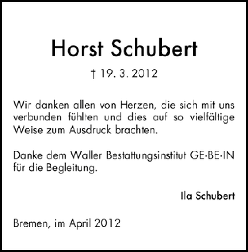 Traueranzeige von Horst Schubert von WESER-KURIER