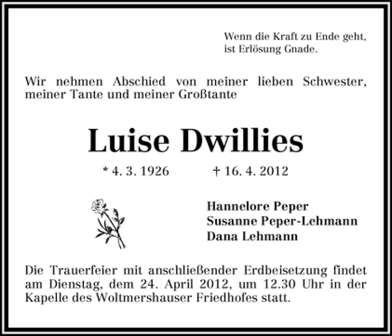 Traueranzeige von Luise Dwillies von WESER-KURIER