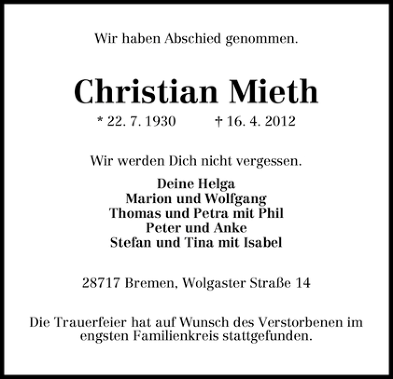 Traueranzeige von Christian Mieth von WESER-KURIER