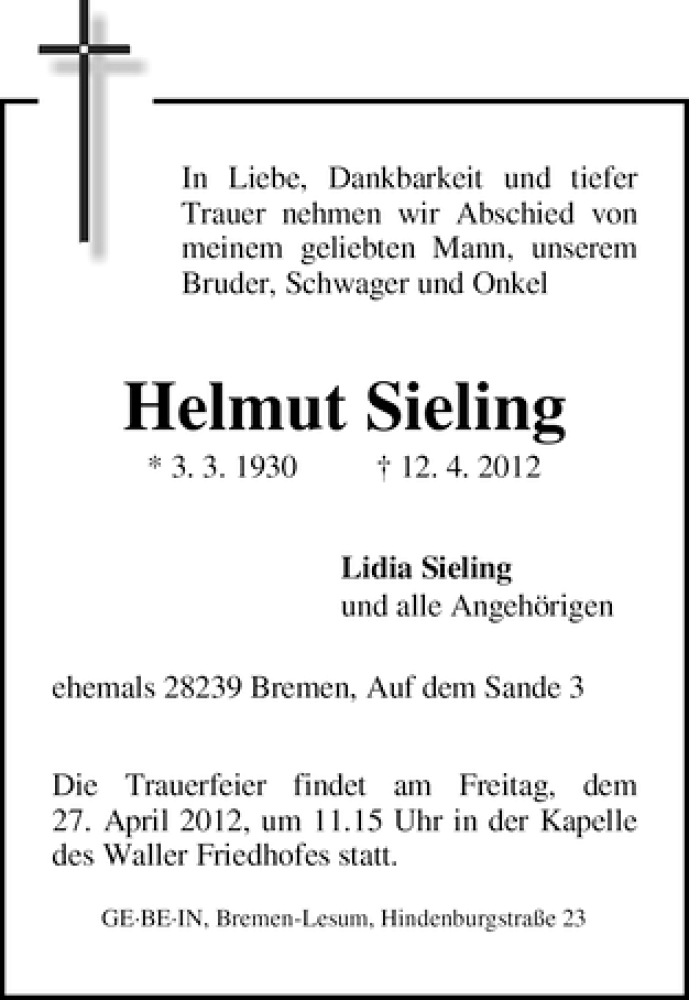 Traueranzeige von Helmut Sieling von WESER-KURIER