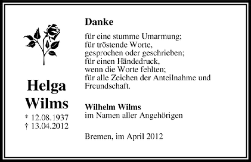 Traueranzeige von Helga Wilms von WESER-KURIER