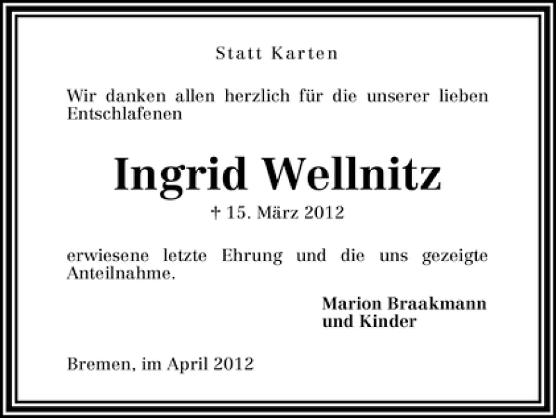 Traueranzeige von Ingrid Wellnitz von WESER-KURIER