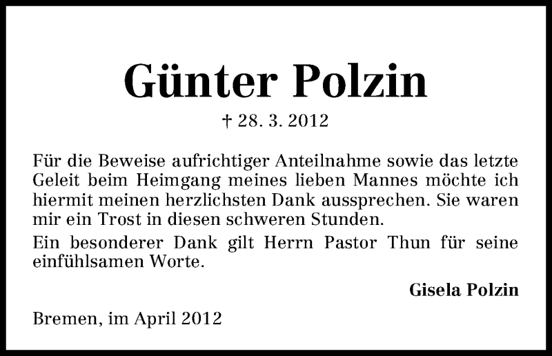 Traueranzeige von Günter Polzin von WESER-KURIER