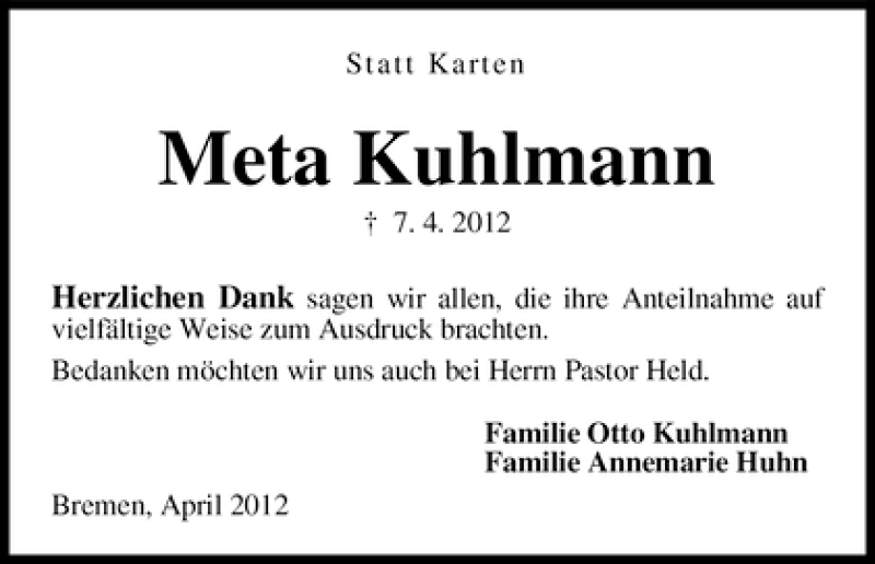 Traueranzeige von Meta Kuhlmann von WESER-KURIER