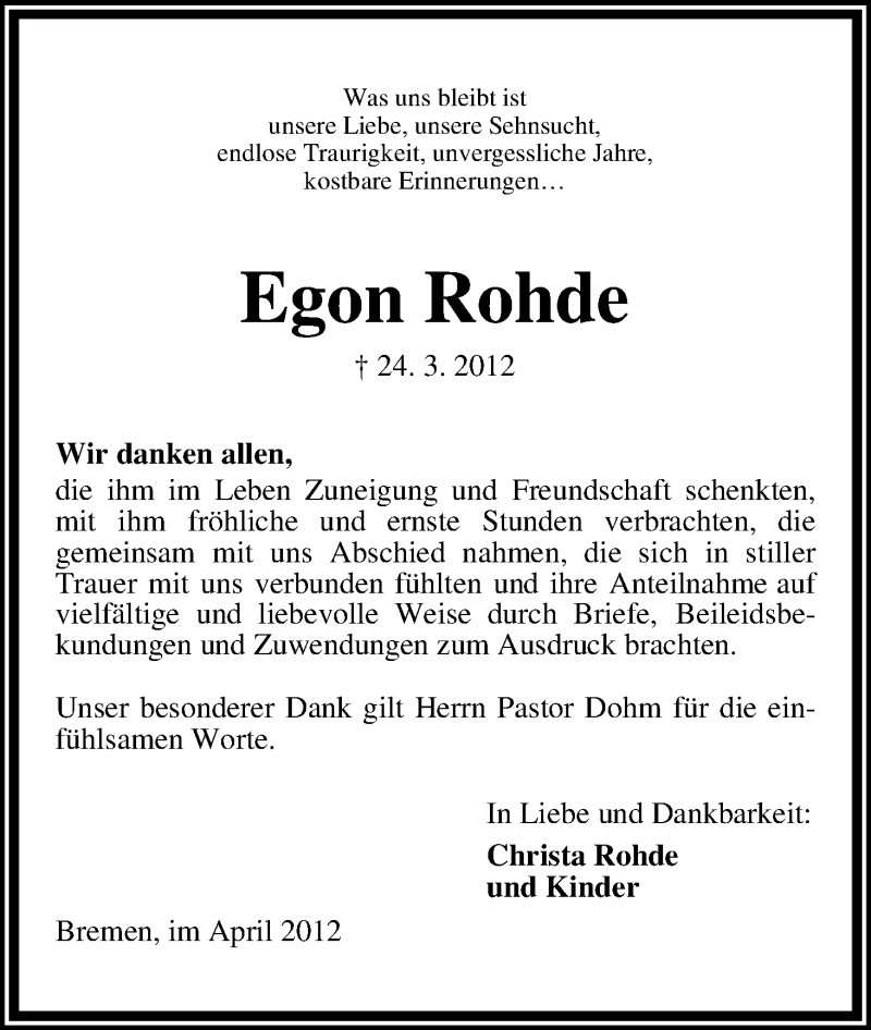 Traueranzeige von Egon Rohde von WESER-KURIER