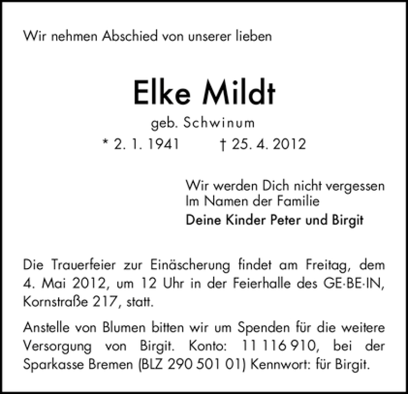 Traueranzeige von Elke Mildt von WESER-KURIER
