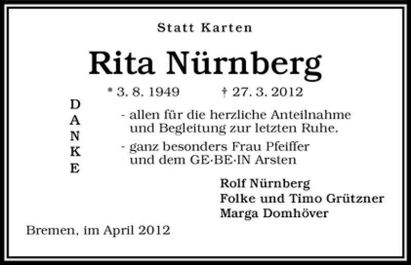 Traueranzeige von Rita Nürnberg von WESER-KURIER