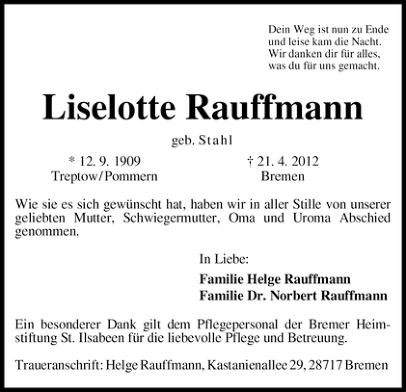 Traueranzeige von Liselotte Rauffmann von WESER-KURIER