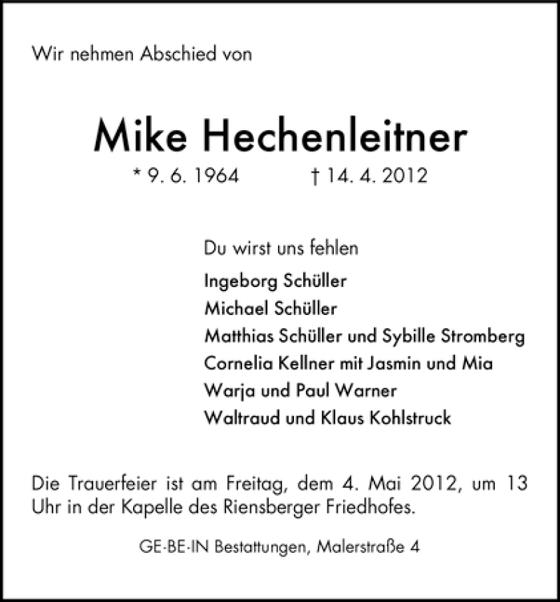 Traueranzeige von Mike Hechenleitner von WESER-KURIER