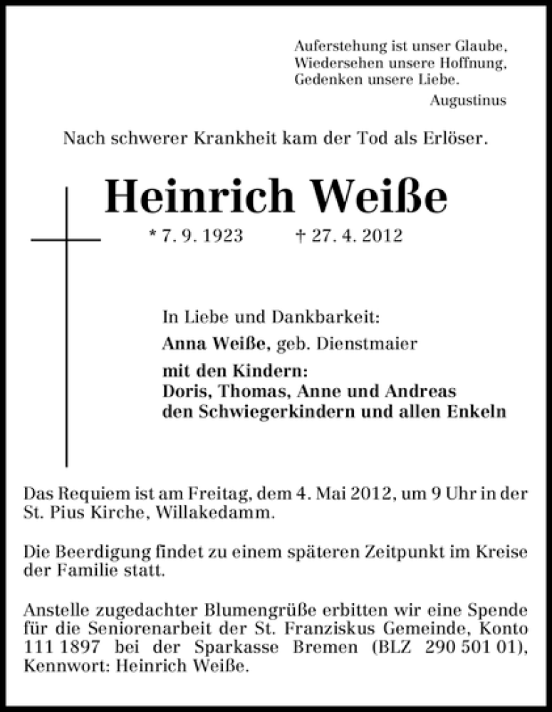 Traueranzeige von Heinrich Weiße von WESER-KURIER