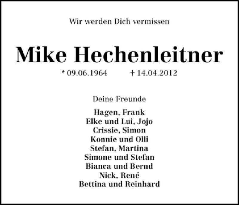 Traueranzeige von Mike Hechenleitner von WESER-KURIER