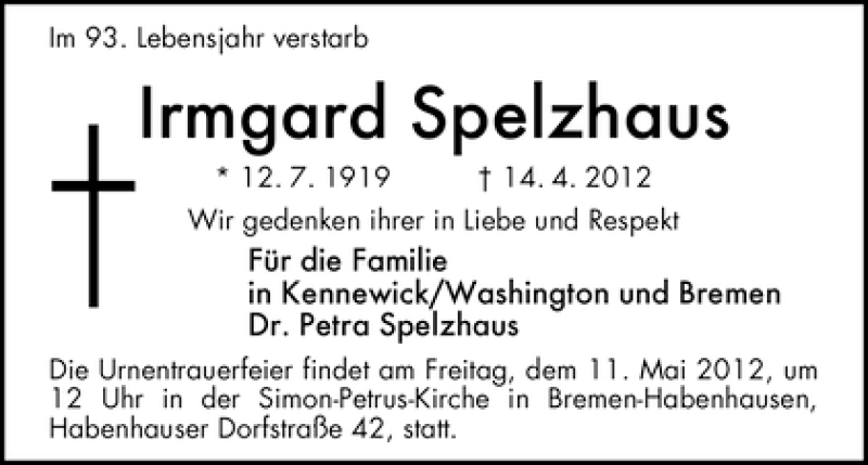 Traueranzeige von Irmgard Spelzhaus von WESER-KURIER