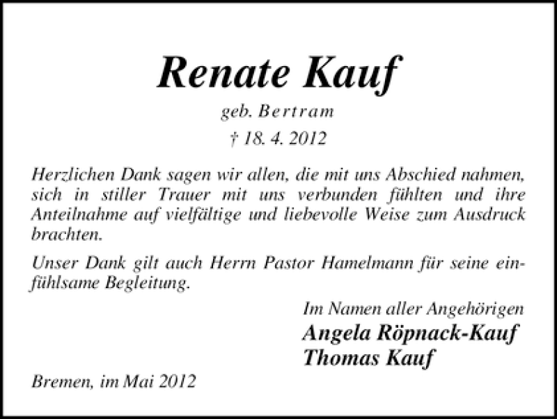 Traueranzeige von Renate Kauf von WESER-KURIER