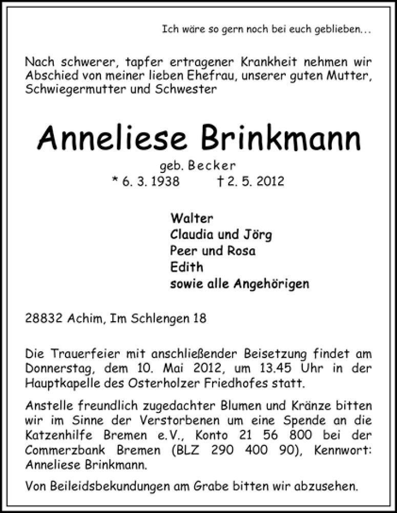 Traueranzeige von Anneliese Brinkmann von WESER-KURIER