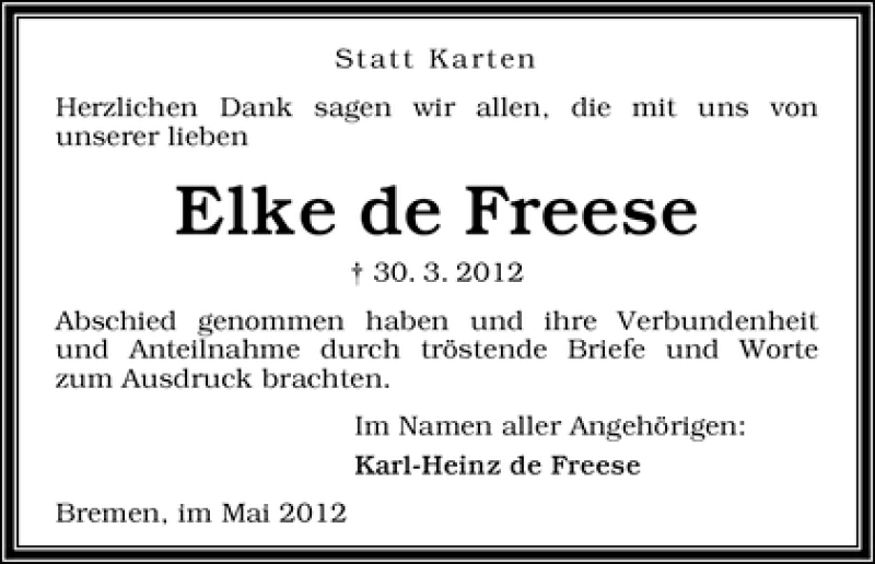 Traueranzeige von Elke de Freese von WESER-KURIER