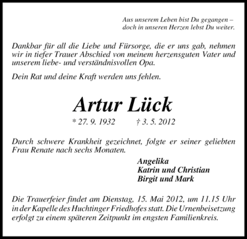 Traueranzeige von Artur Lück von WESER-KURIER