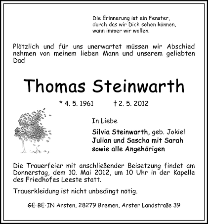 Traueranzeige von Thomas Steinwarth von WESER-KURIER