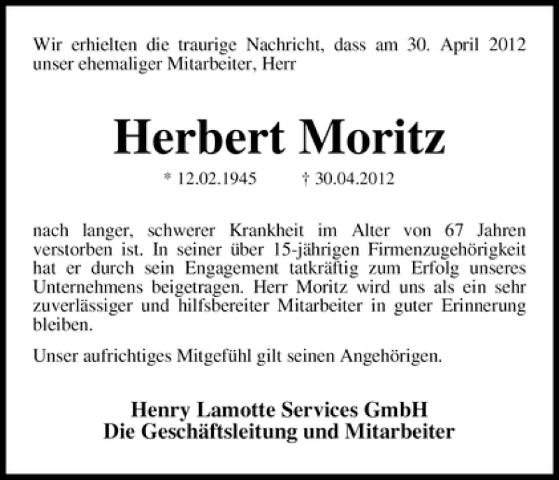 Traueranzeige von Herbert Moritz von WESER-KURIER