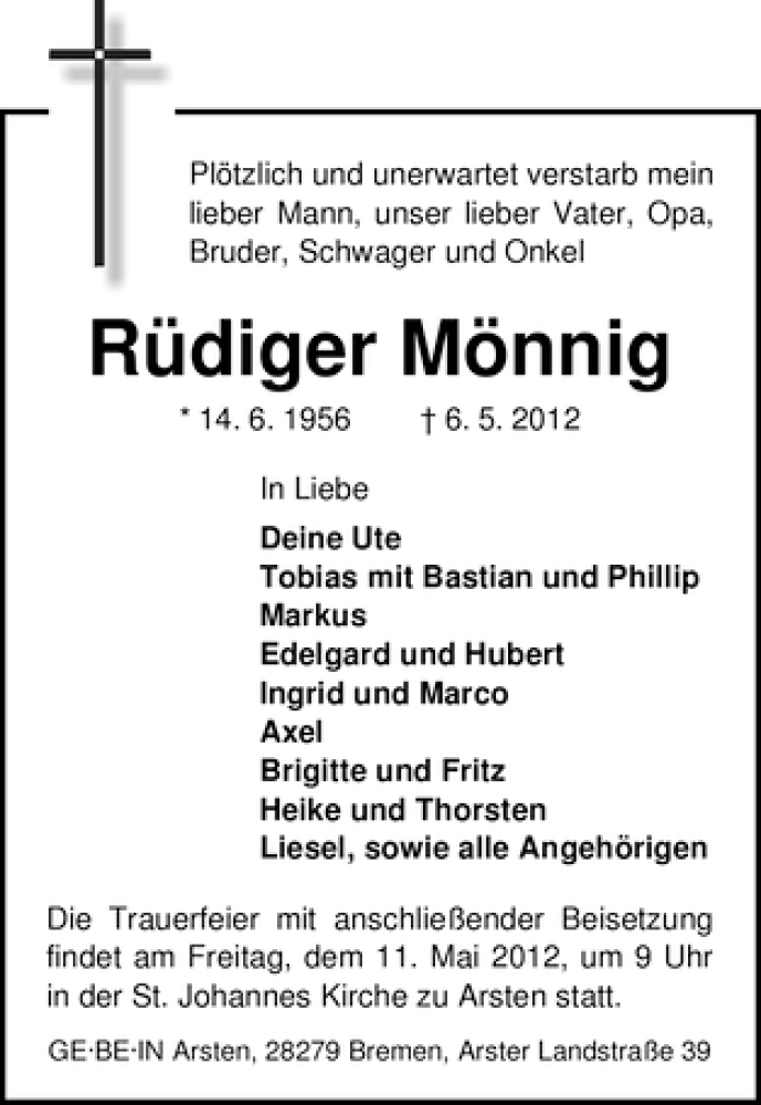 Traueranzeige von Rüdiger Mönnig von WESER-KURIER