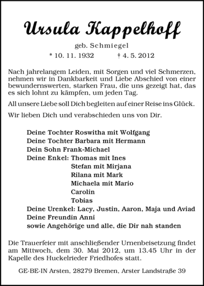 Traueranzeige von Ursula Kappelhoff von WESER-KURIER