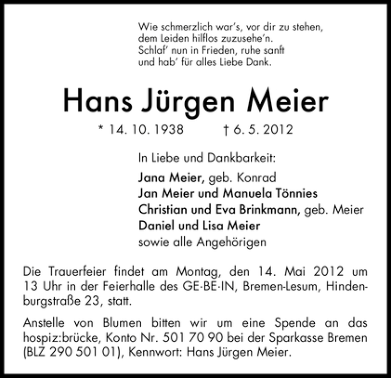 Traueranzeige von Hans Jürgen Meier von WESER-KURIER
