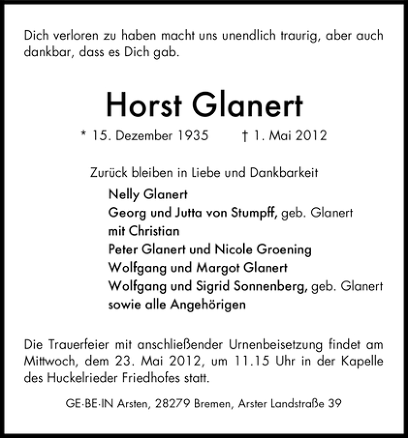 Traueranzeige von Horst Glanert von WESER-KURIER