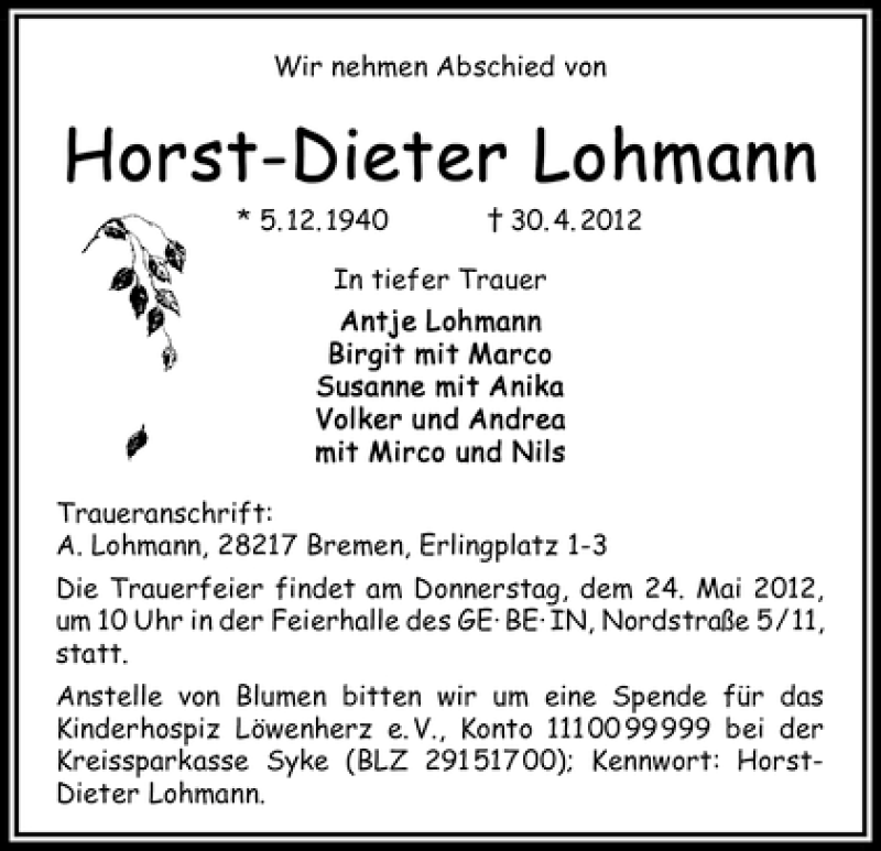Traueranzeige von Horst-Dieter Lohmann von WESER-KURIER