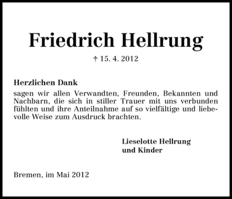 Traueranzeige von Friedrich Hellrung von WESER-KURIER