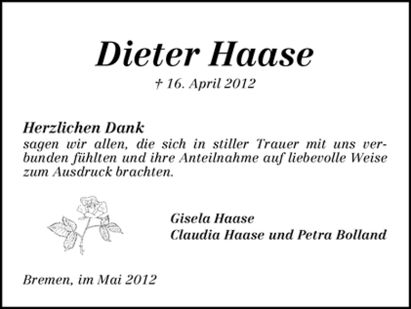 Traueranzeige von Dieter Haase von WESER-KURIER