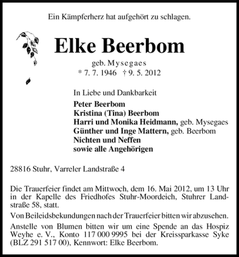 Traueranzeige von Elke Beerbom von WESER-KURIER