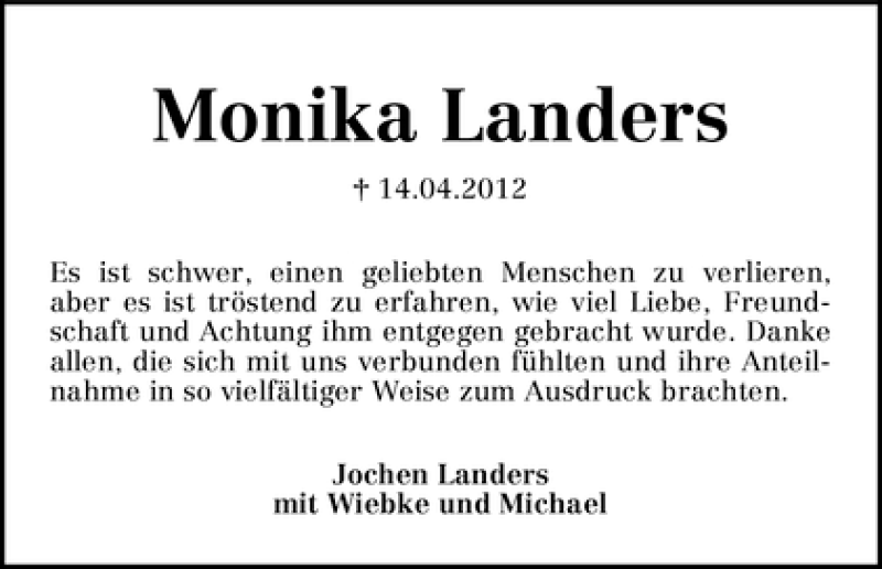 Traueranzeige von Monika Landers von WESER-KURIER