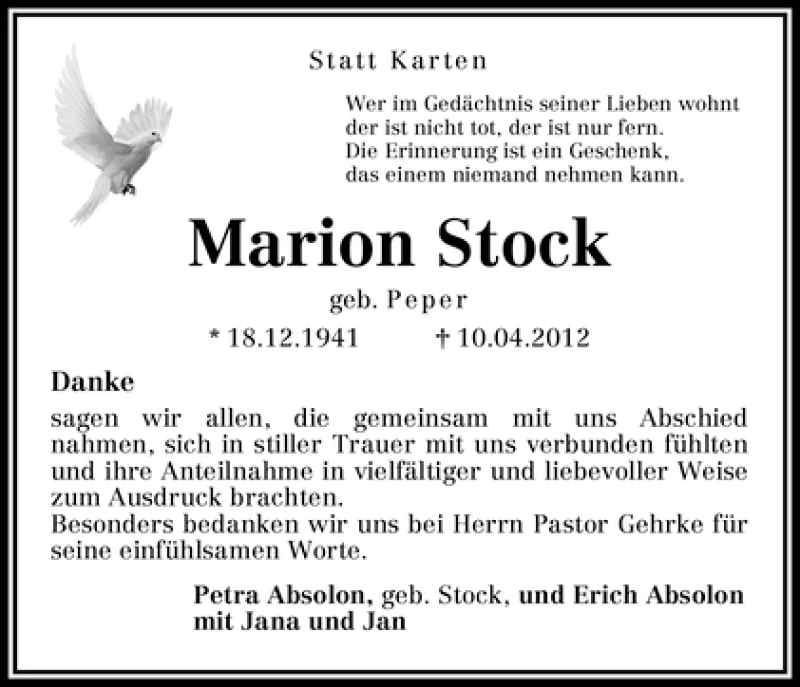 Traueranzeige von Marion Stock von WESER-KURIER