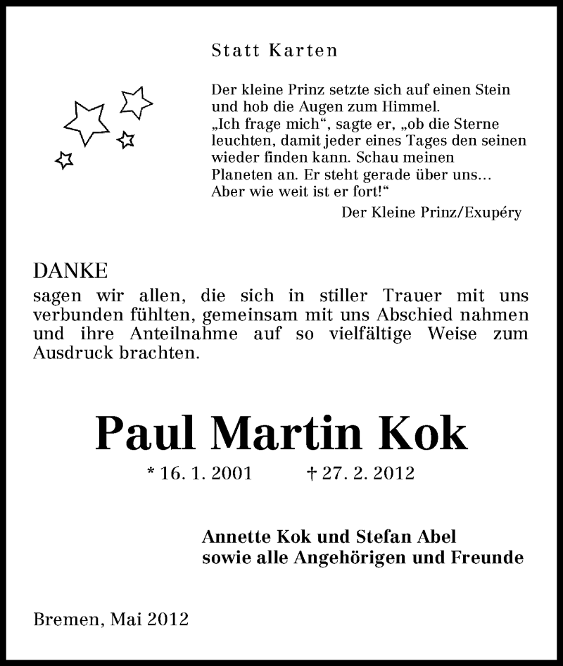 Traueranzeige von Paul Kok von WESER-KURIER