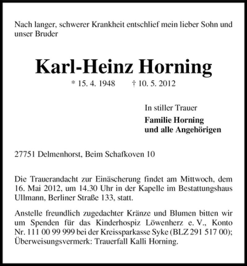 Traueranzeige von Karl-Heinz Horning von WESER-KURIER
