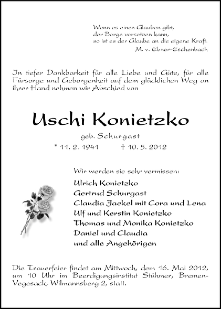 Traueranzeige von Uschi Konietzko von WESER-KURIER
