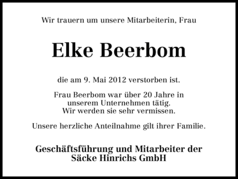 Traueranzeige von Elke Beerbom von WESER-KURIER