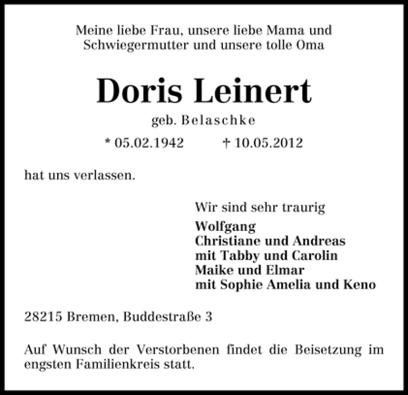 Traueranzeige von Doris Leinert von WESER-KURIER