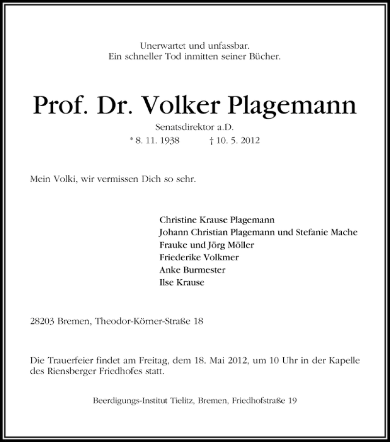 Traueranzeige von Volker Plagemann von WESER-KURIER