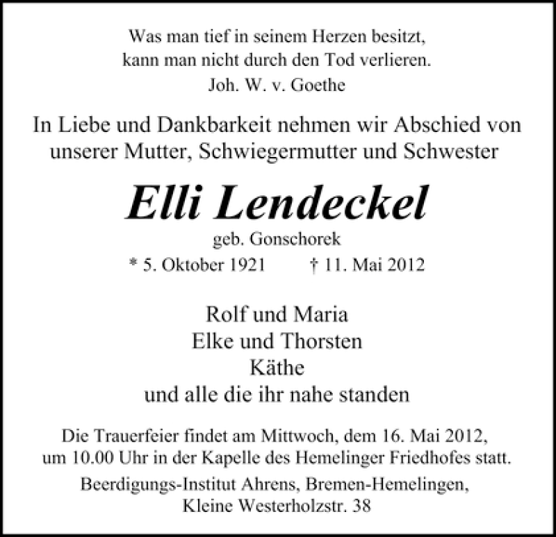 Traueranzeige von Elli Lendeckel von WESER-KURIER
