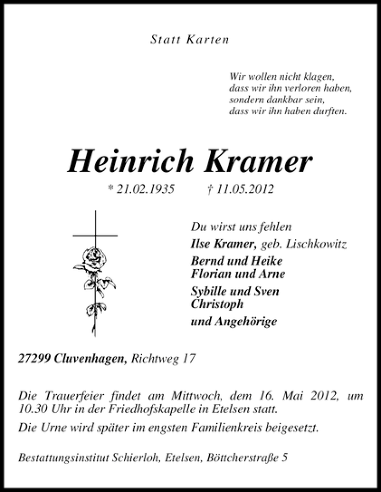 Traueranzeige von Heinrich Kramer von WESER-KURIER