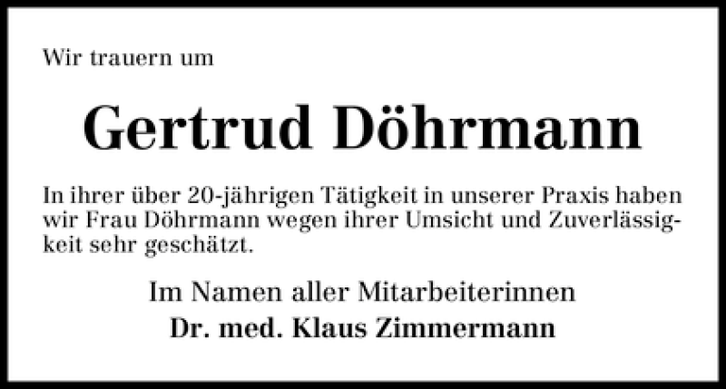 Traueranzeige von Gertrud Döhrmann von WESER-KURIER