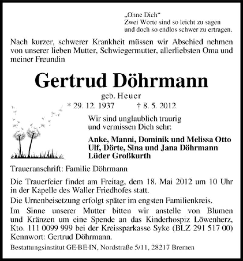 Traueranzeige von Gertrud Döhrmann von WESER-KURIER