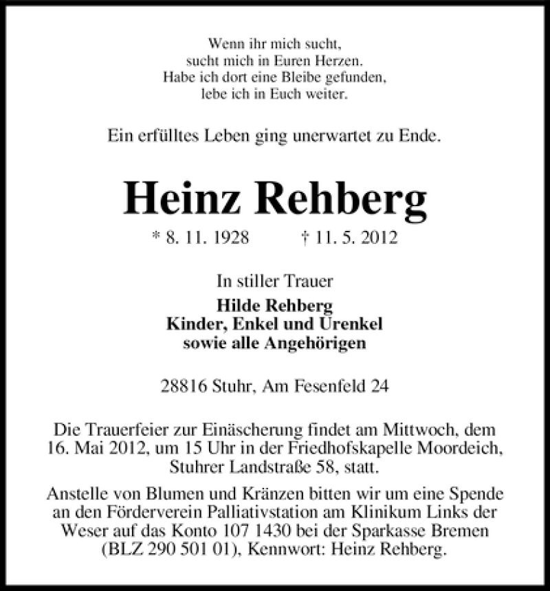 Traueranzeige von Heinz Rehberg von WESER-KURIER