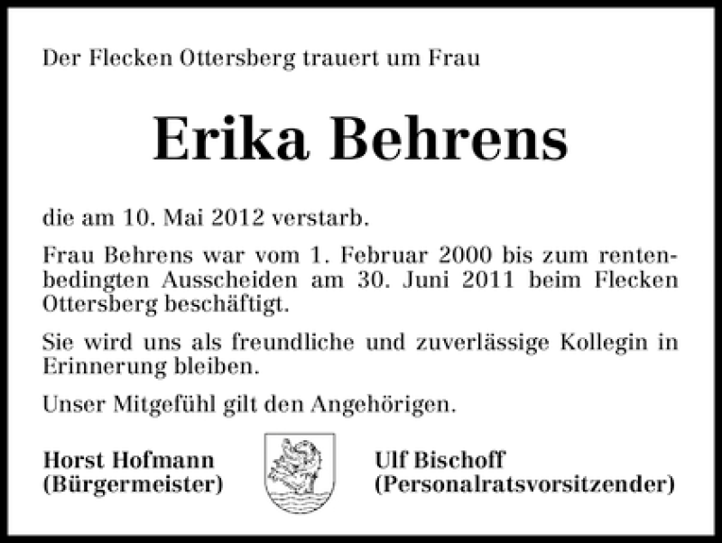 Traueranzeige von Erika Behrens von WESER-KURIER