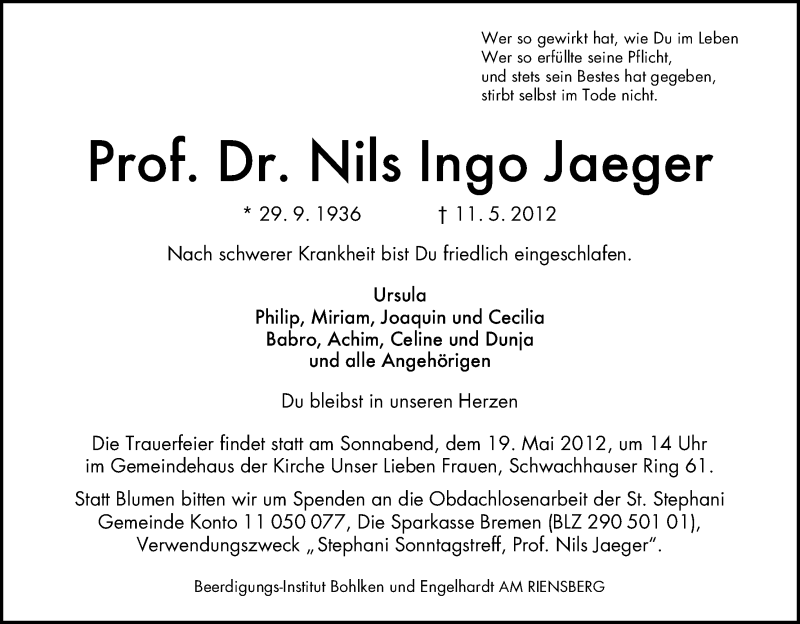 Traueranzeige von Nils Ingo Jaeger von WESER-KURIER